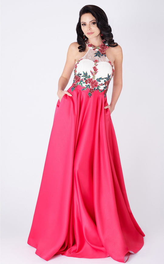 MNM COUTURE - P3788 Floral Embroidered Illusion Lace A-Line Gown In Pink