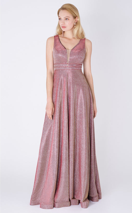 MNM COUTURE - P3870 Illusion Plunging V Neck Shimmer Evening Gown In Pink and Silver