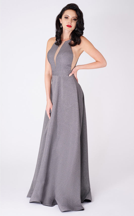 MNM COUTURE - P3887 Illusion Cutout Halter A-Line Gown In Gray