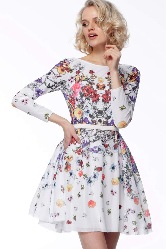 Jovani - 65967 Printed Bateau Long Sleeves A-Line Dress In White and Multi-Color