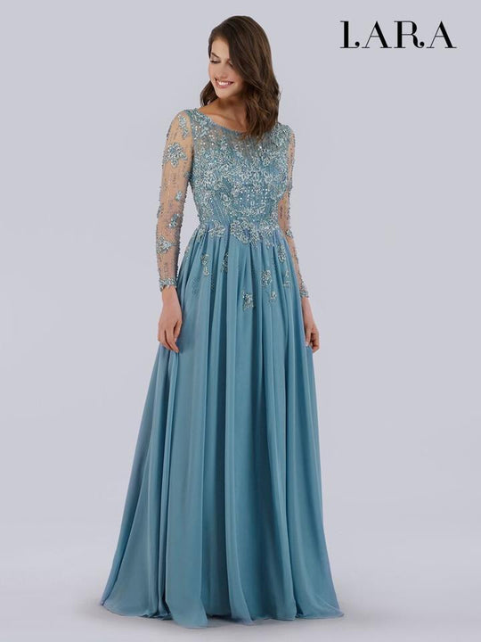 Lara Dresses - 29762 Long Sheer Sleeves Beaded Lace Chiffon Gown In Green