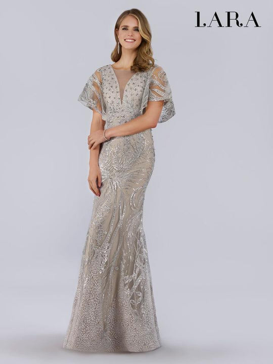 Lara Dresses - 29756 Cape Sleeves Illusion Neckline Beaded Ornate Gown In Silver