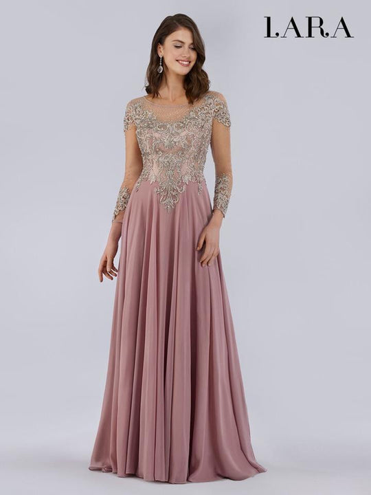 Lara Dresses - 29749 Beaded  Illusion Neckline and Sleeves A-Line Gown In Pink and Neutral