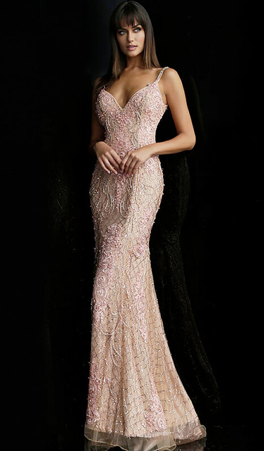 Jovani - 59056 Lace Appliqued V-Neck Gown In Pink