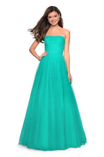La Femme - 27630 Strapless Ruched Bodice Rhinestone Beaded Tulle Gown In Green