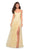 La Femme - 27704 V-Neck Pleated A-Line Gown with Slit In Yellow