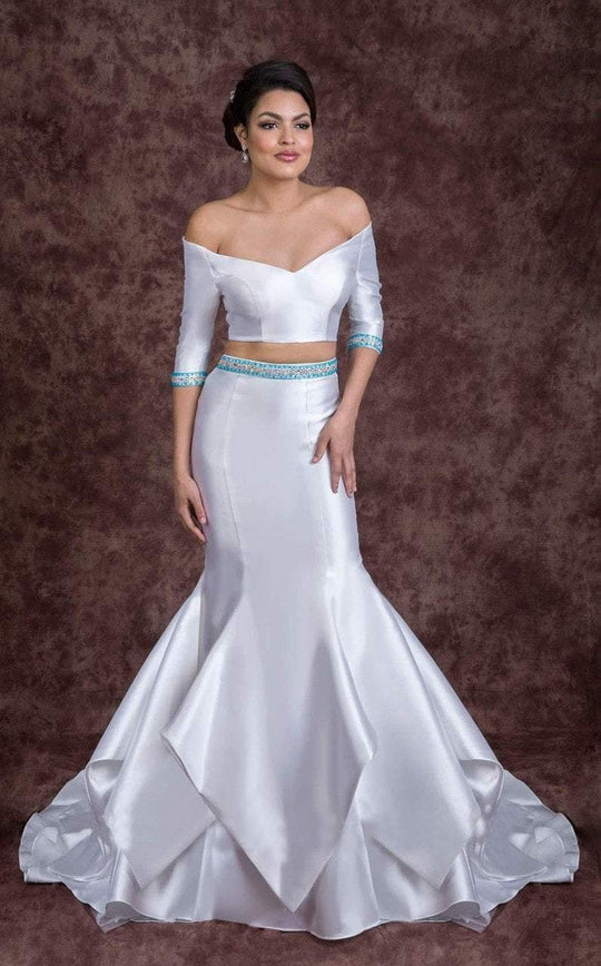 Panoply - Crystal Beaded Trimmed 3/4 Sleeve Mikado Cropped Top 44284T In White and Blue