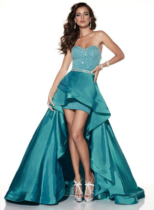Panoply - Versatile Sweetheart Ruffled High-Low Evening Gown 14816 In Blue and Green