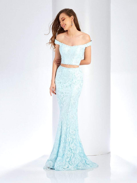 Clarisse - 4918 Off-Shoulder Two-Piece Lace Fitted Gown in Blue