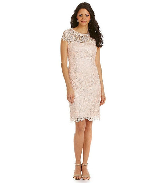Patra - Laced Illusion Bateau Neck Sheath Dress 12489 in Neutral