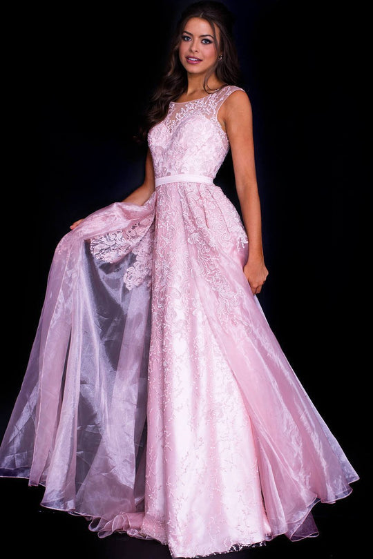 JVN54532 Illusion Bateau Cap Sleeve Lace Gown