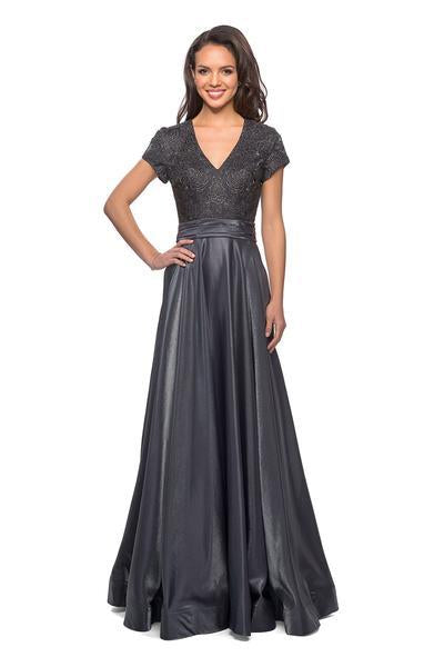 La Femme - 26447 Jeweled Rosette Short Sleeve A-Line Gown In Silver and Gray