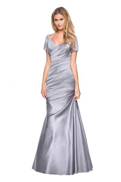 La Femme - 26947 Short Sleeve Pleat-Textured Trumpet Gown In Silver