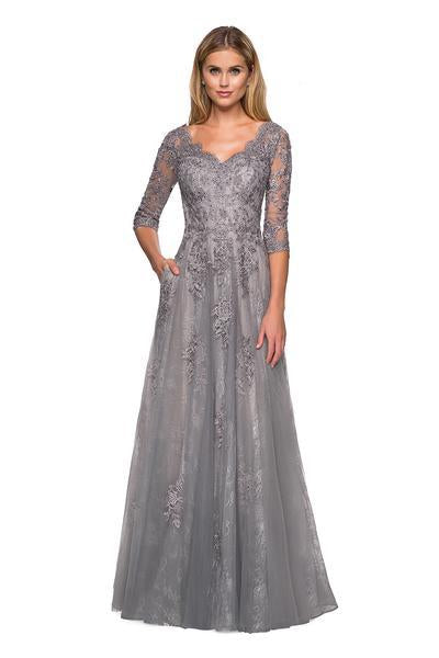 La Femme - 26959 Floral Embroidered V-Neck A-Line Dress In Gray