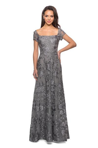 La Femme - 26582 Lace Bateau A-line Dress In Gray
