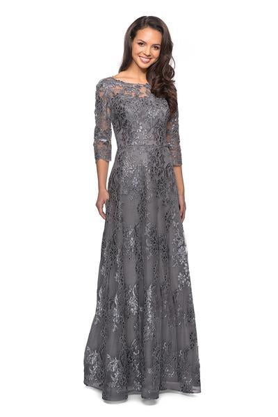 La Femme - 27885 Lace Quarter Length Sleeve Bateau A-line Dress In Gray