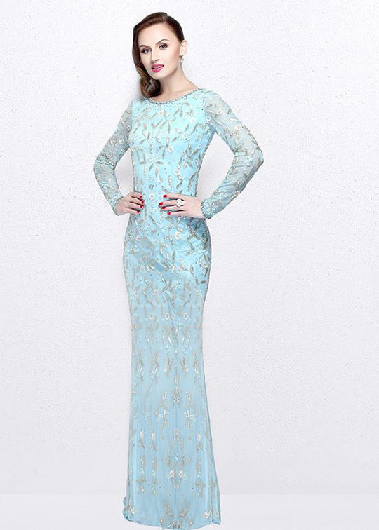 Primavera Couture - Long Sleeves Beaded Long Dress 1753 in Blue