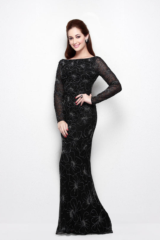 Primavera Couture - 1438 Floral Ornate Long Sleeve Gown in Black