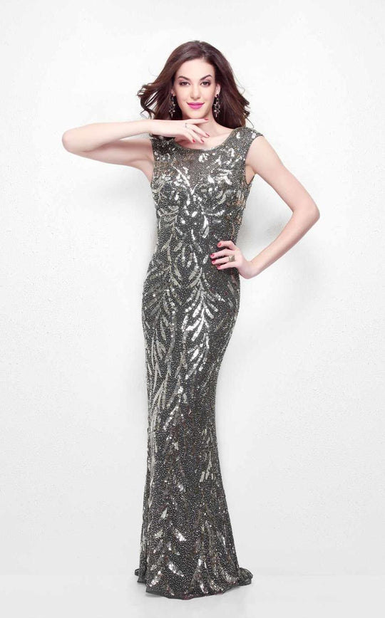 Primavera Couture - 1578 Brilliant Capsleeve Sequined Evening Dress in Gray