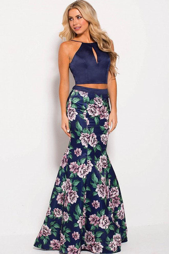 JVN59138 Two-Piece Floral Print Haltered Mermaid Gown