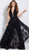 Jovani - 61434 Deep Halter V-neck Jumpsuit With Embellished Overskirt in Black