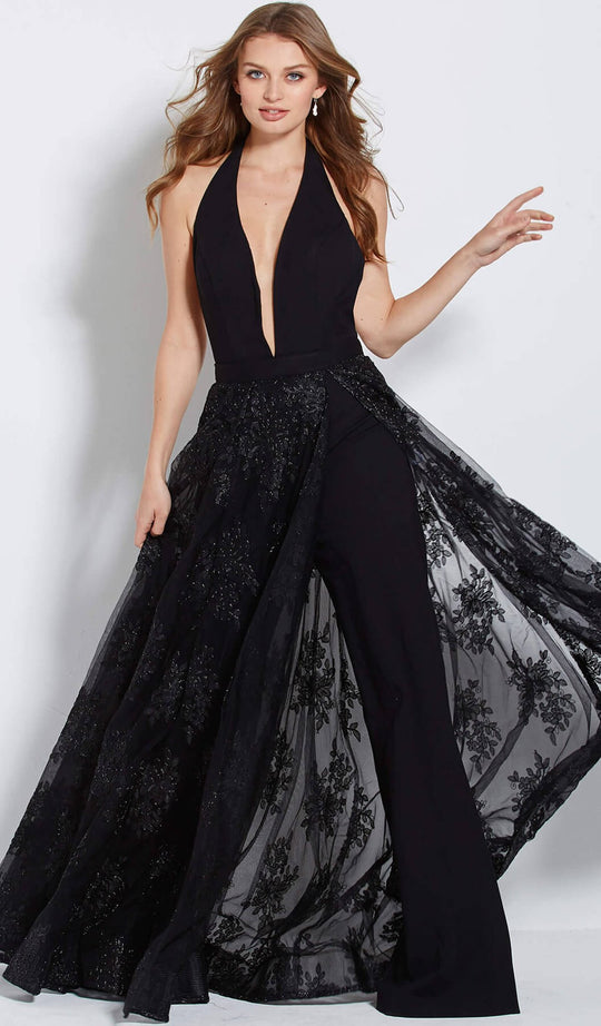 Jovani - 61434 Deep Halter V-neck Jumpsuit With Embellished Overskirt in Black