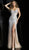 Jovani - Crisscross Strapped Bejeweled High Slit Gown 59846 In Silver and Nude