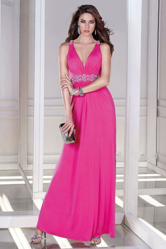 Alyce Paris - Draped V-Neck Long Jersey Evening Gown with Rhinestone Embellishments 35717 In Pink