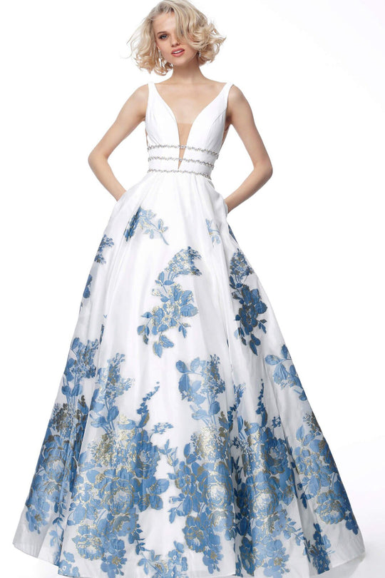 Jovani - 67037 Low V-Neck Floral A-line Dress In Blue and White
