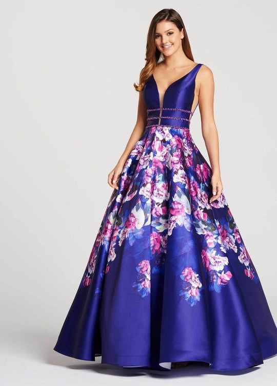 Ellie Wilde - EW118006 Ornate Plunging V-Neck Floral Mikado Ballgown In Purple and Floral