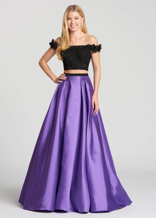 Ellie Wilde - EW118168 Floral Appliqued Off Shoulder Crop Top Ballgown In Black and Purple
