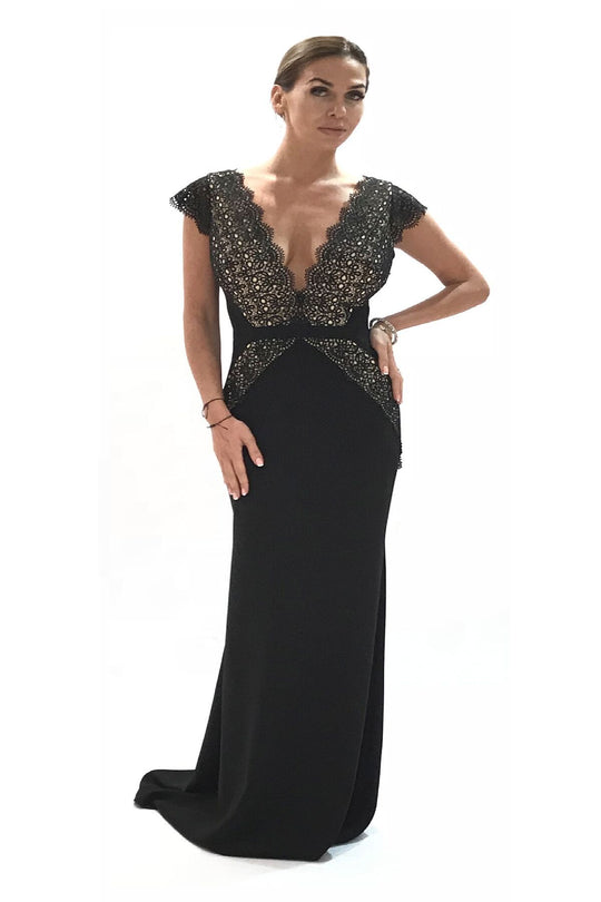 Saboroma - 4201 Cap Sleeve Scalloped Lace Paneled Gown In Black