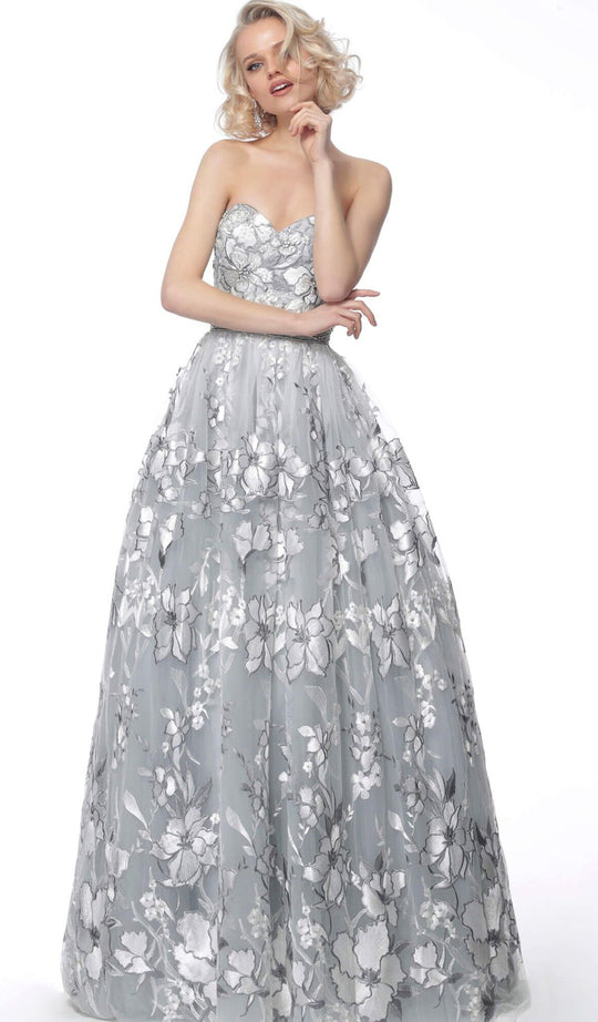 Jovani - 62172 Strapless Floral Embroidered Sweetheart Ballgown In Silver