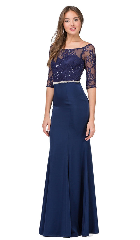 Dancing Queen - 2201 Floral Lace Fitted Prom Gown in Blue
