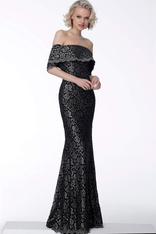 Jovani - 67902 Off-Shoulder Embellished Trumpet Dress In Black and Gold
