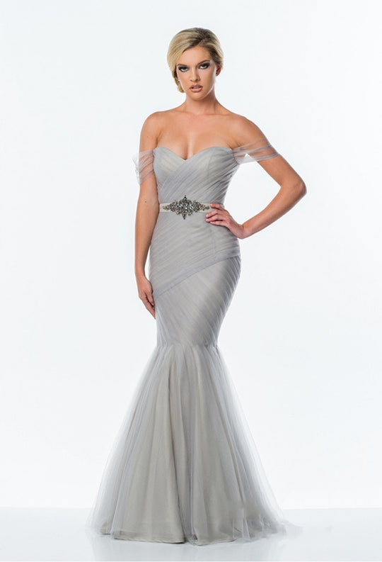 Terani Couture - 151P0107A Off Shoulder Pleated Mermaid Gown in Silver