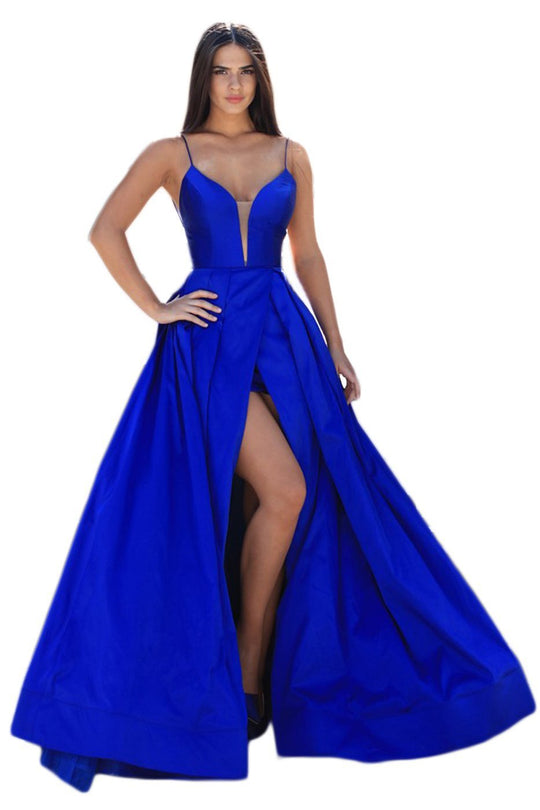 Tarik Ediz - 50464 Illusion Plunging Ballgown with Front slit In Blue