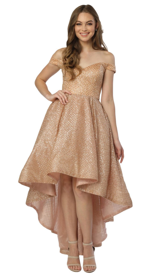Nox Anabel - R164 Glitter Lattice High Low A-Line Gown In Gold