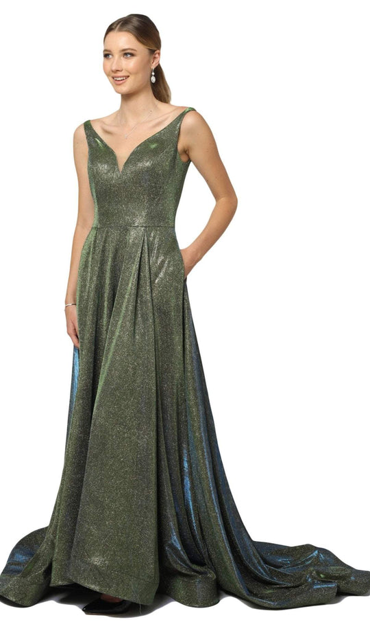 Nox Anabel - R274 Long Iridescent V Neck Gown with Train In Green and Gold
