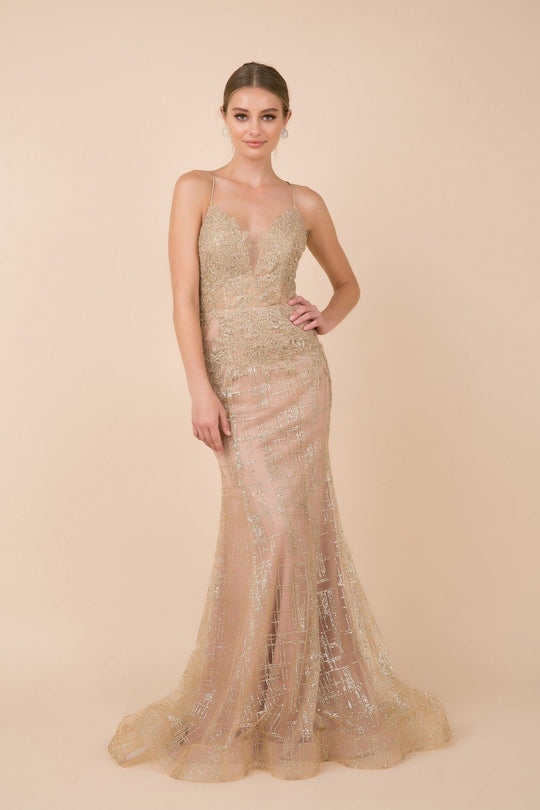 Nox Anabel - R282 Lace Embroidered Deep V-neck Trumpet Gown In Gold