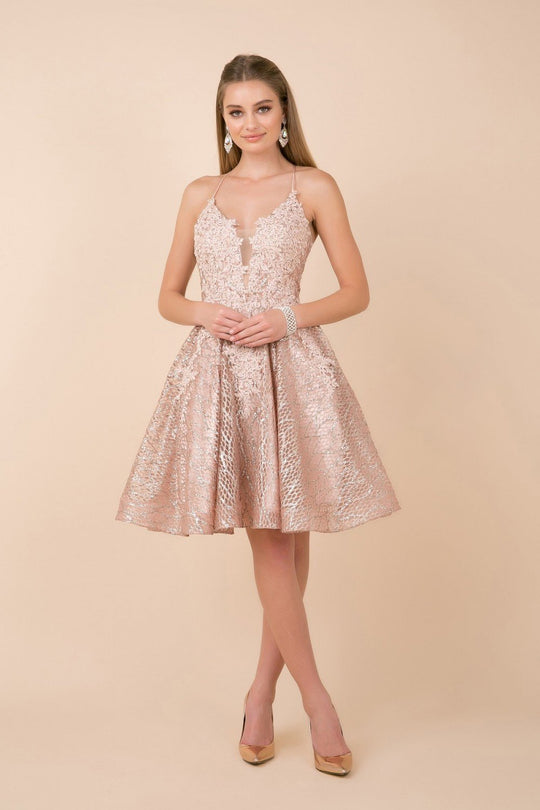 Nox Anabel - R682 Plunging Bodice Metallic Lace A-Line Dress In Pink