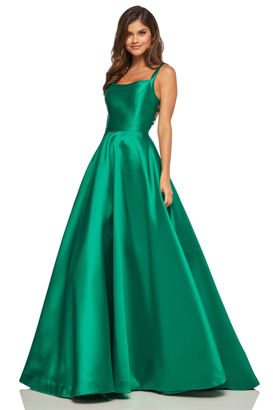 Sherri Hill - 52715 Scoop Neck Strappy Back Long A Line Satin Dress In Green