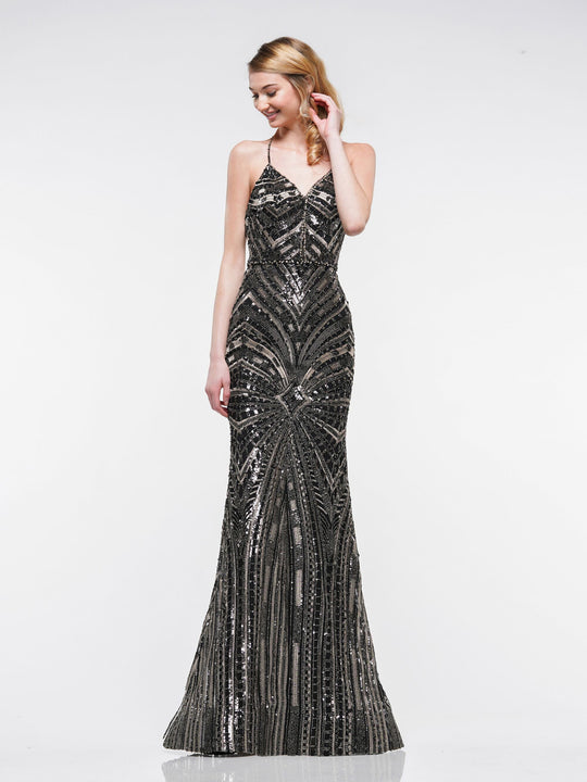 Colors Dress - 2205 Bedazzled V-neck Trumpet Dress in Black 