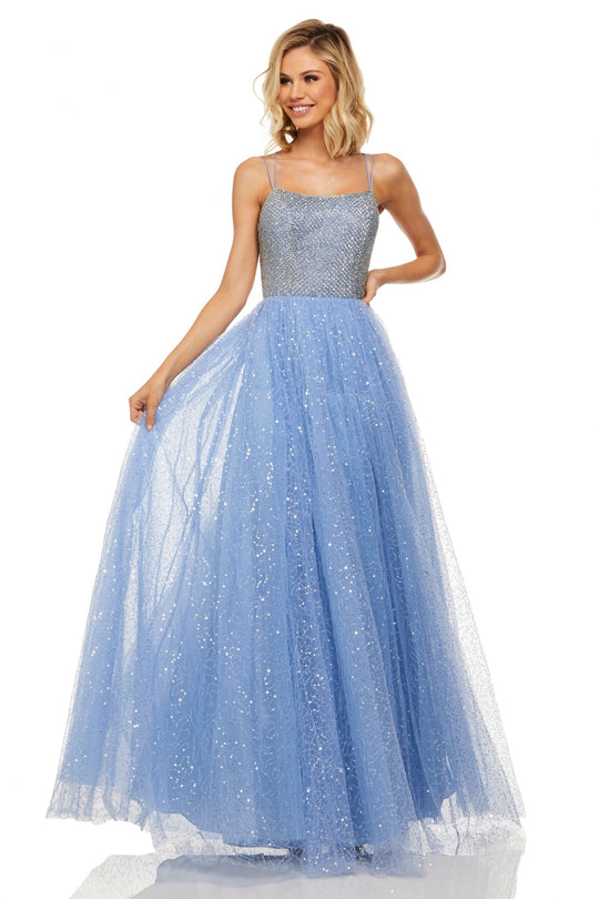 Sherri Hill - 52913 Scoop Long Tulle A-Line Skirt Evening Dress In Blue