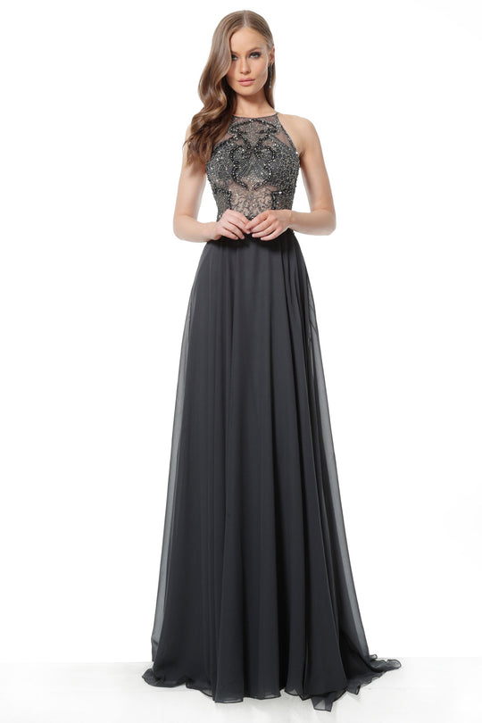 Jovani - 62391 Embellished Halter Chiffon A-line Dress In Gray