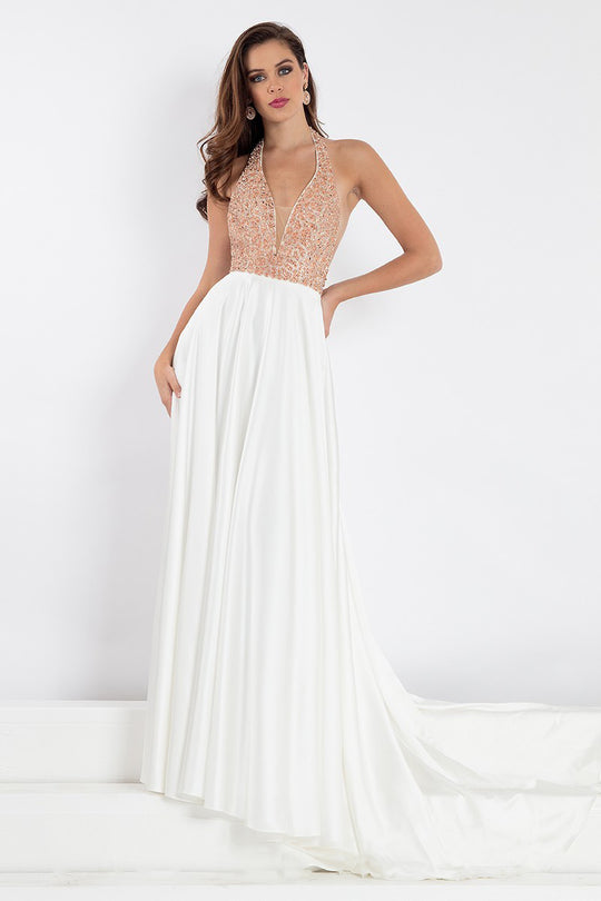 Rachel Allan Prima Donna - 5013 Plunging Halter Beaded Evening Gown in White, Gold
