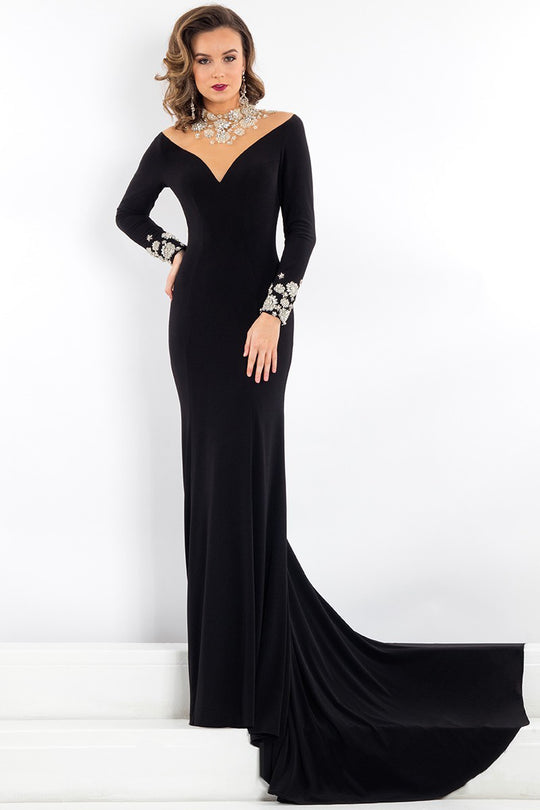 Rachel Allan Prima Donna - 5947 Long Sleeve Illusion Beaded Gown in Black