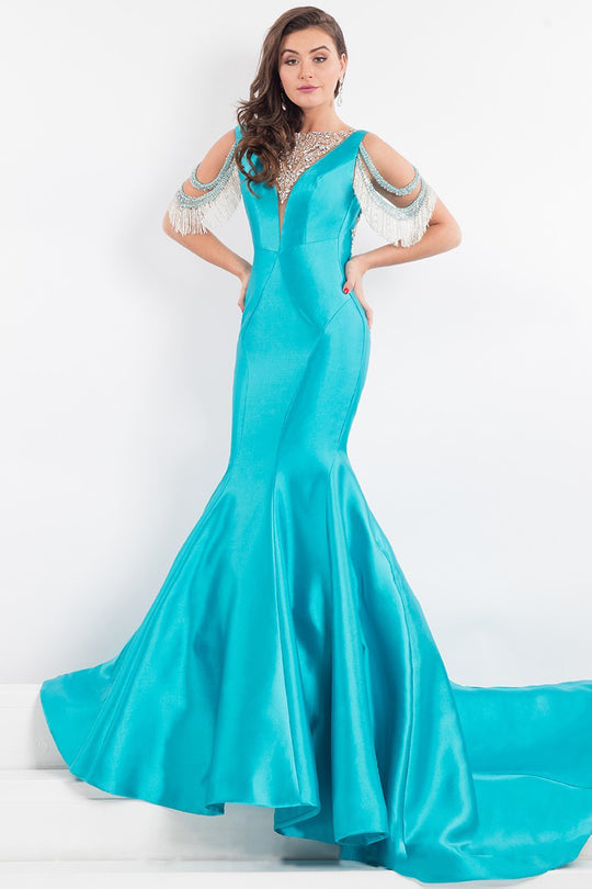 Rachel Allan Prima Donna - 5971 Embellished Sleeves Mermaid Gown  in Blue