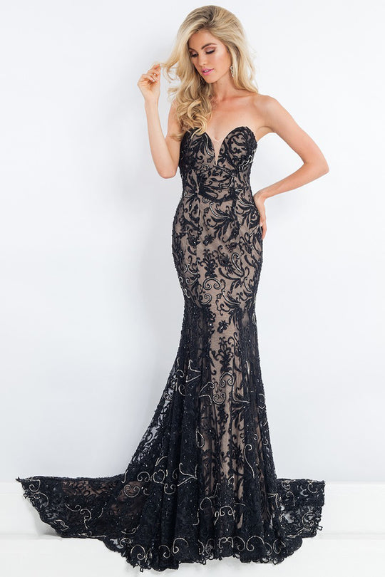 Rachel Allan Prima Donna - 5979 Strapless Lace Embroidery Evening Gown in Black and Neutral