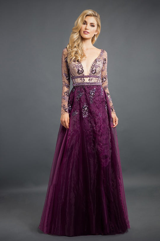 Rachel Allan Couture - 8274 Plunging V Neck Fishnet Gown in Purple